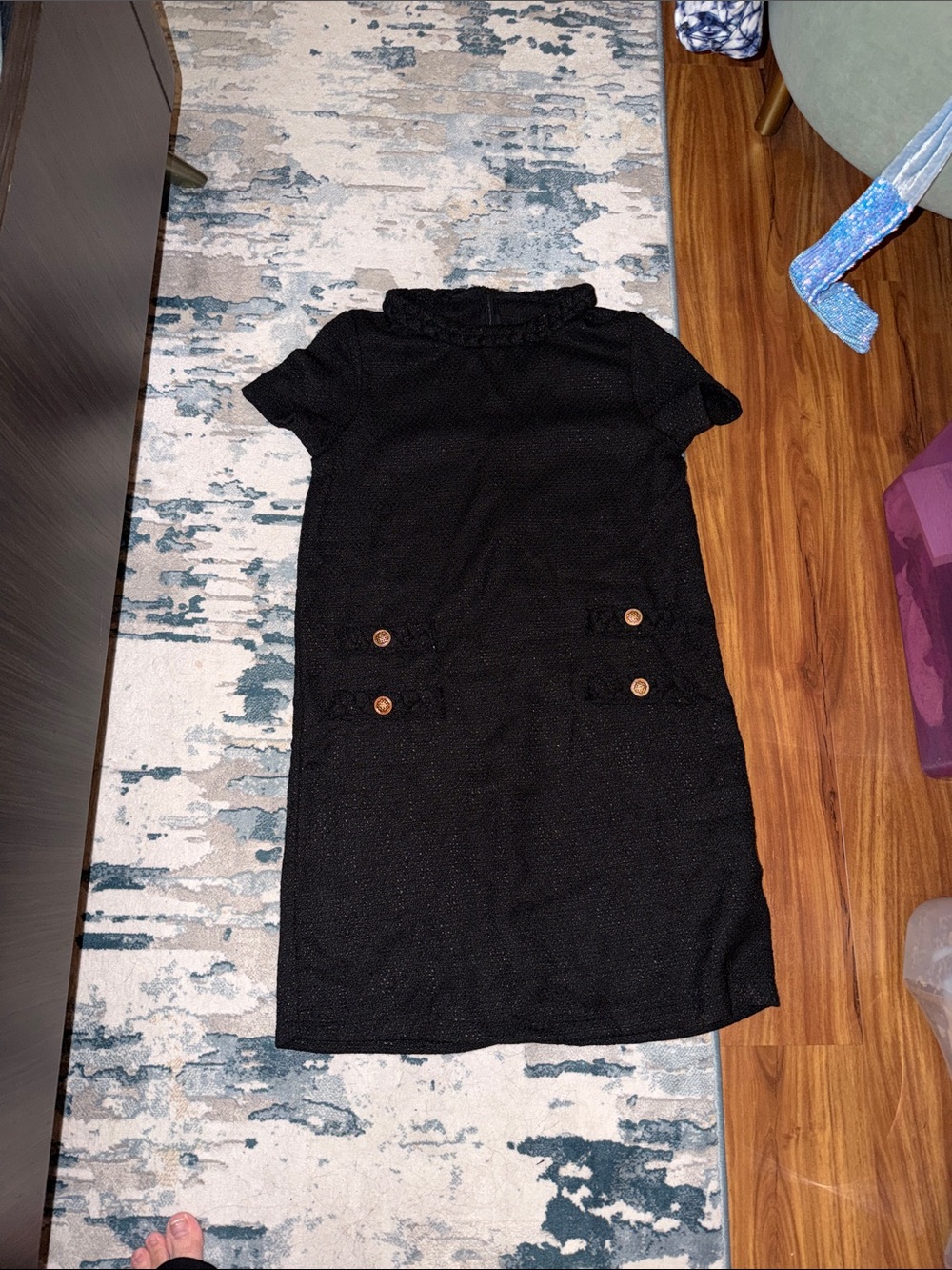 Black Short-Sleeve Shift Dress with Button Detail